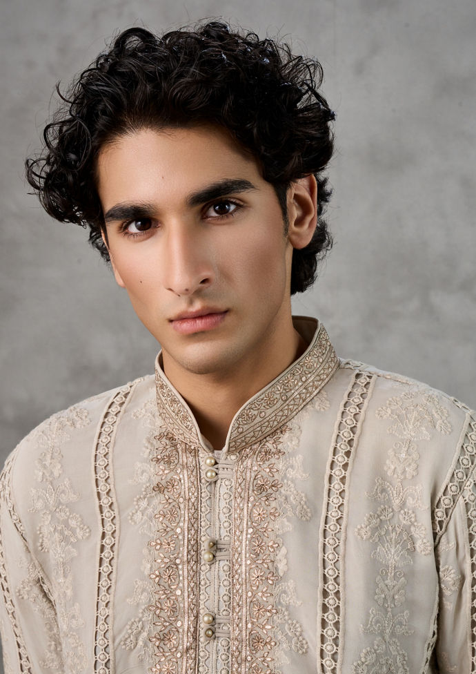 Twamev Men Ivory Georgette Artisan Threadwork Kurta Set with Dupatta