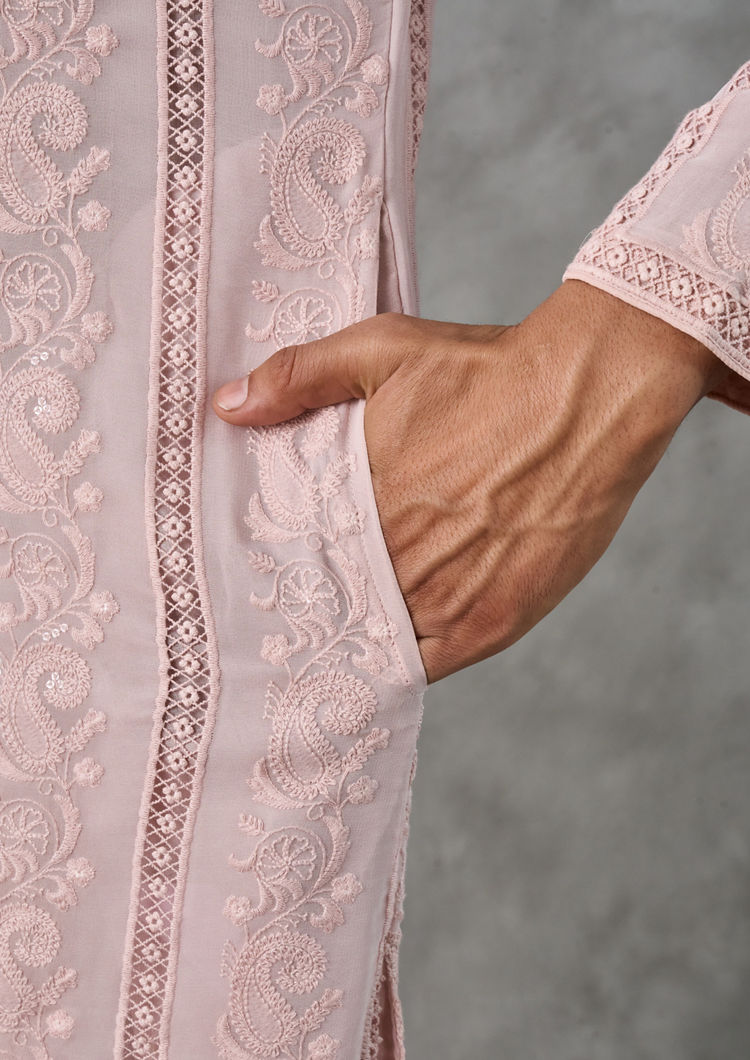 Twamev Men Peach Elegance Georgette Kurta Pant