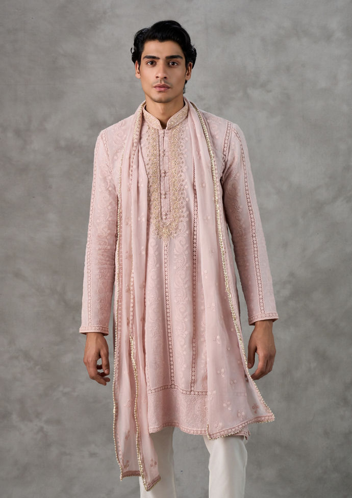 Twamev Men Peach Elegance Georgette Kurta Pant