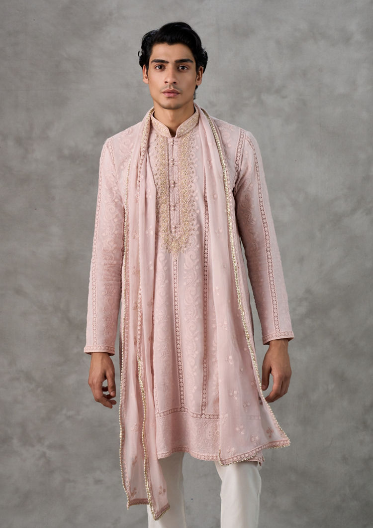 Twamev Men Peach Elegance Georgette Kurta Pant