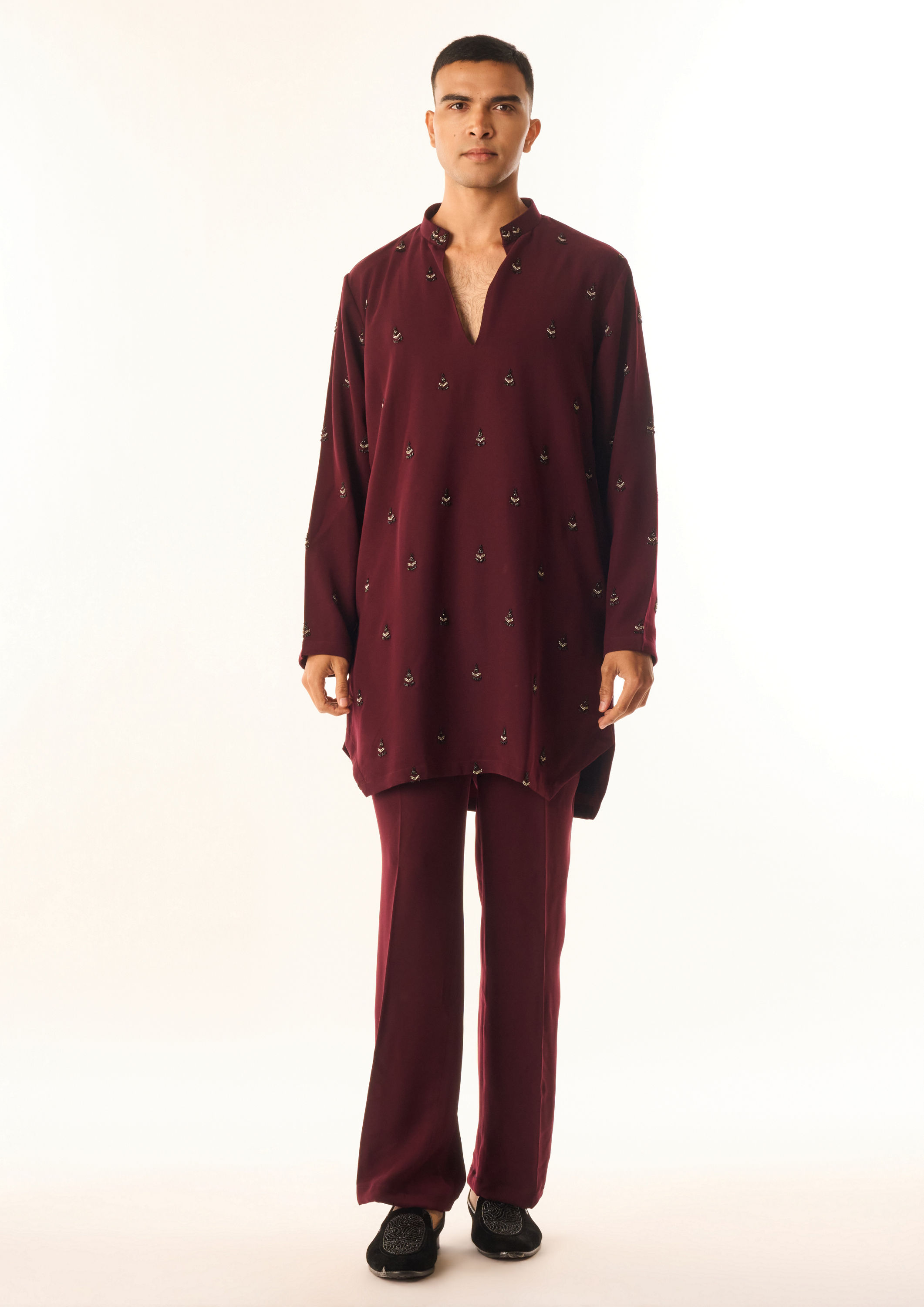 Twamev Men Wine Georgette Kurta Set with Embroidery