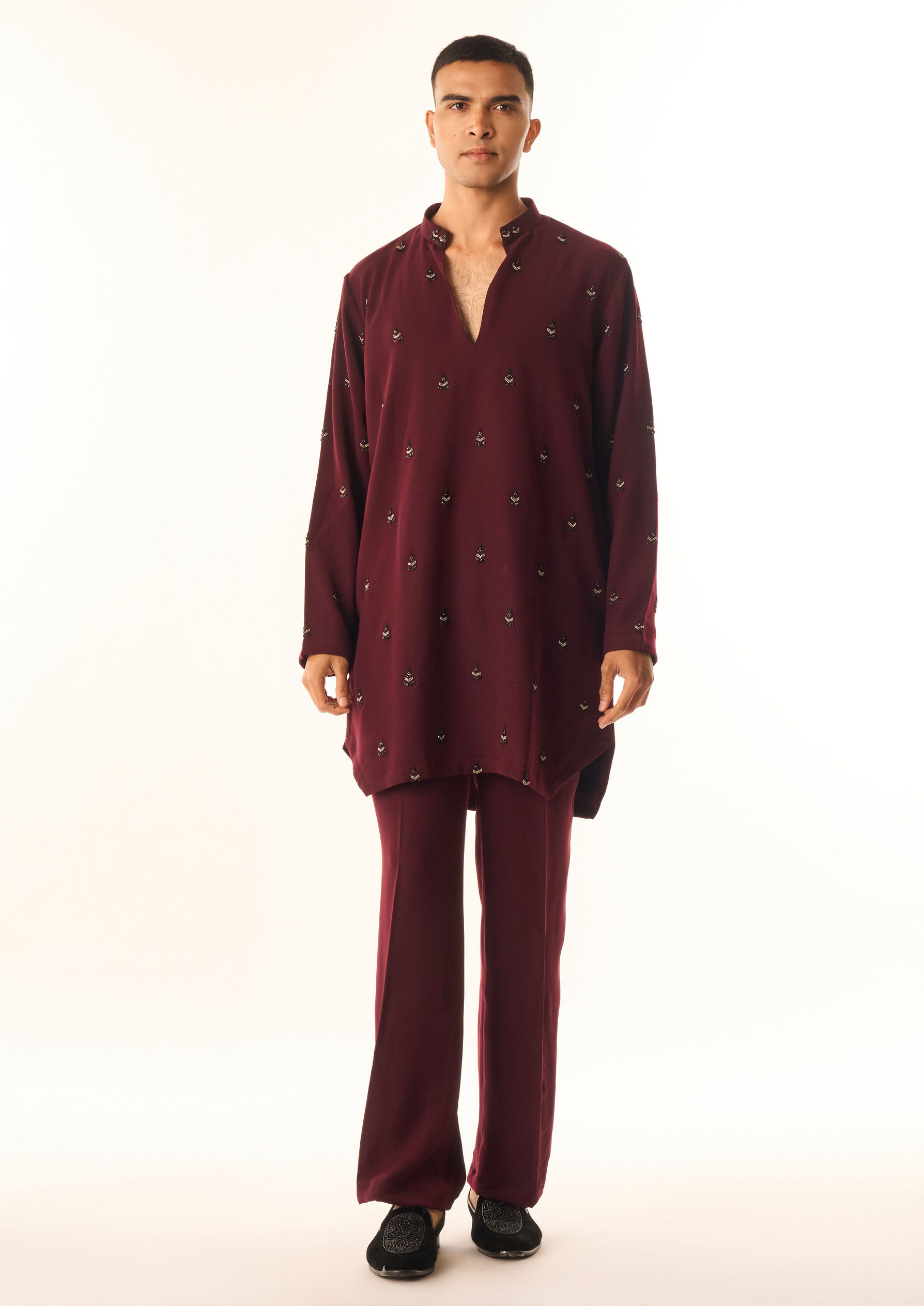 Twamev Men Wine Georgette Kurta Set with Embroidery