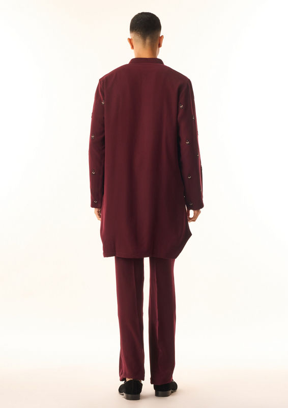 Twamev Men Wine Georgette Kurta Set with Embroidery