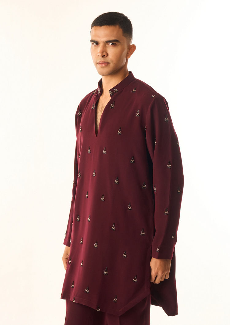 Twamev Men Wine Georgette Kurta Set with Embroidery
