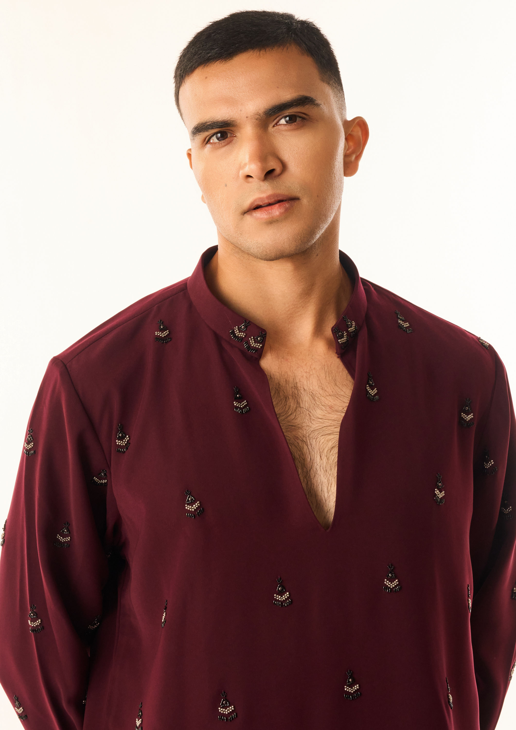 Twamev Men Wine Georgette Kurta Set with Embroidery