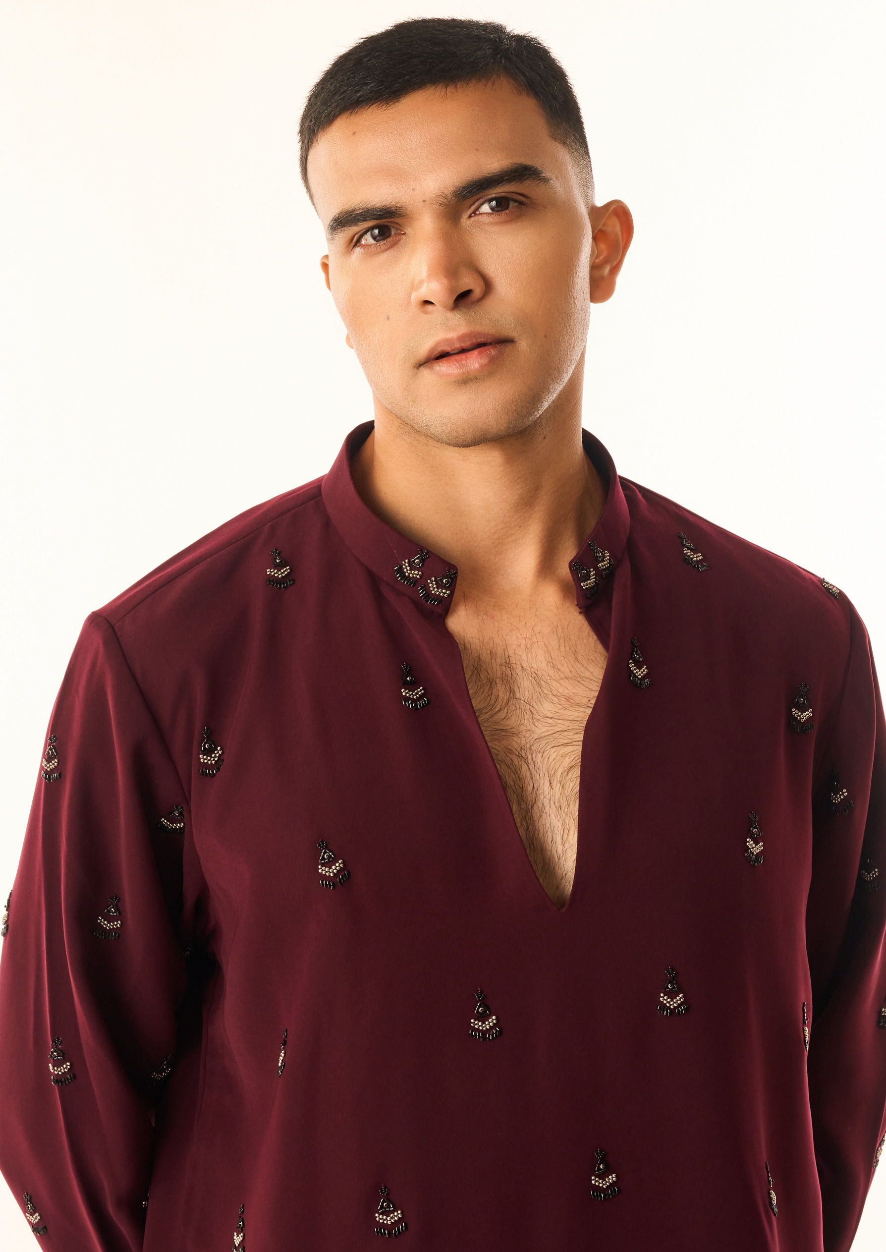 Twamev Men Wine Georgette Kurta Set with Embroidery