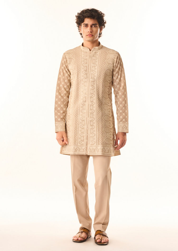 Twamev Men Fawn Georgette Kurta Set with Embroidery