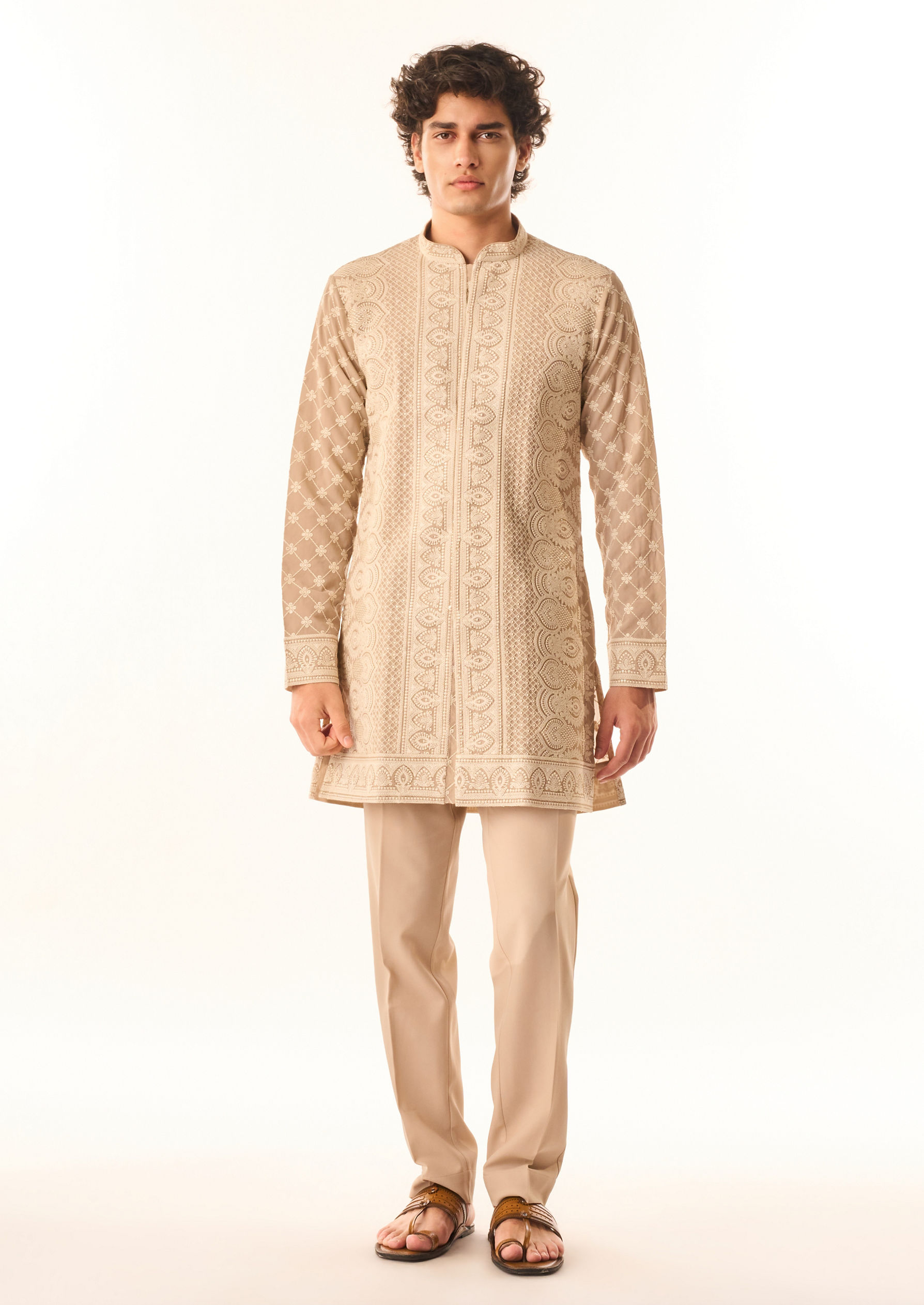 Twamev Men Fawn Georgette Kurta Set with Embroidery