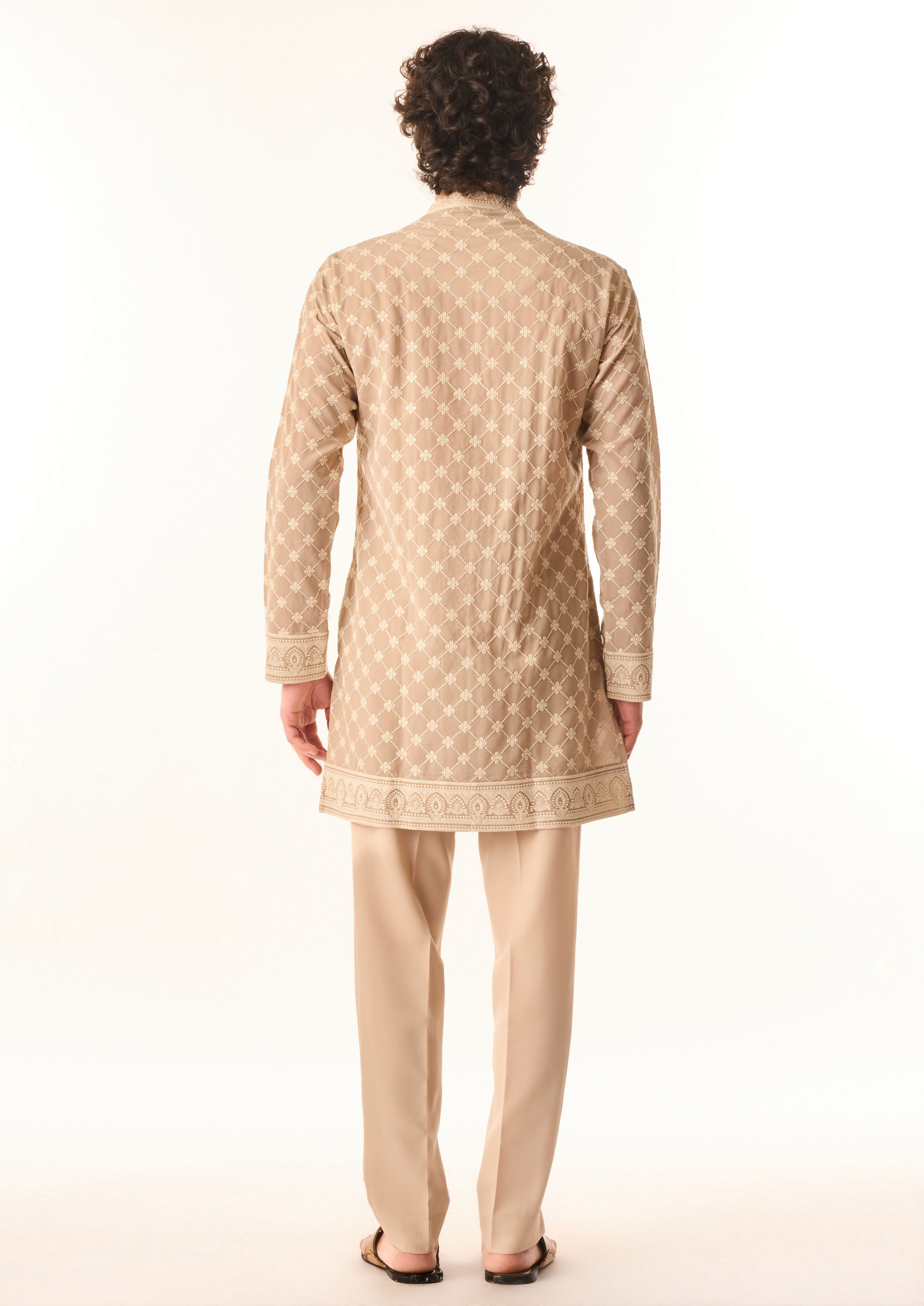 Twamev Men Fawn Georgette Kurta Set with Embroidery