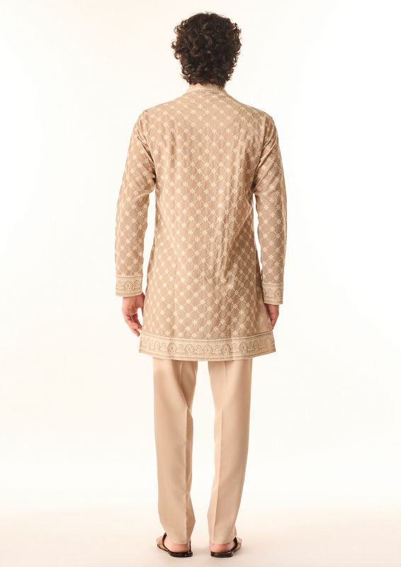 Twamev Men Fawn Georgette Kurta Set with Embroidery