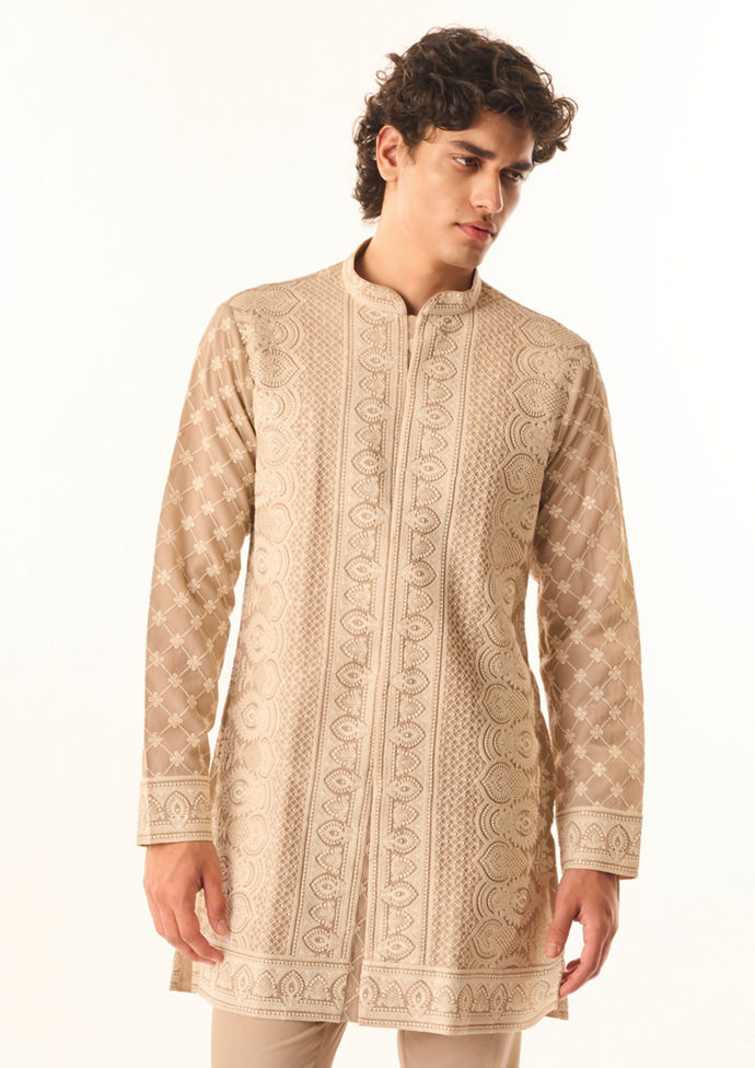 Twamev Men Fawn Georgette Kurta Set with Embroidery