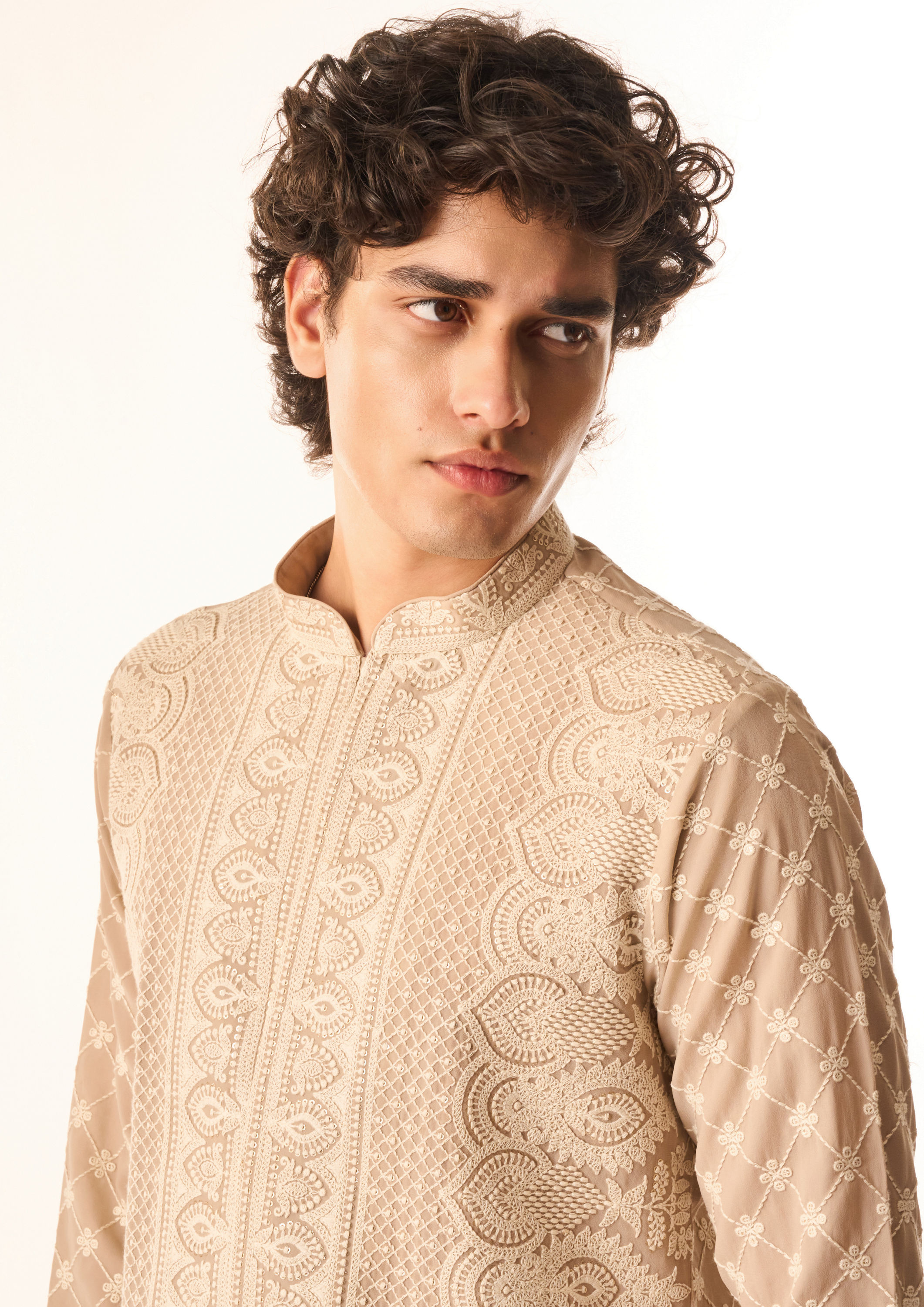 Twamev Men Fawn Georgette Kurta Set with Embroidery