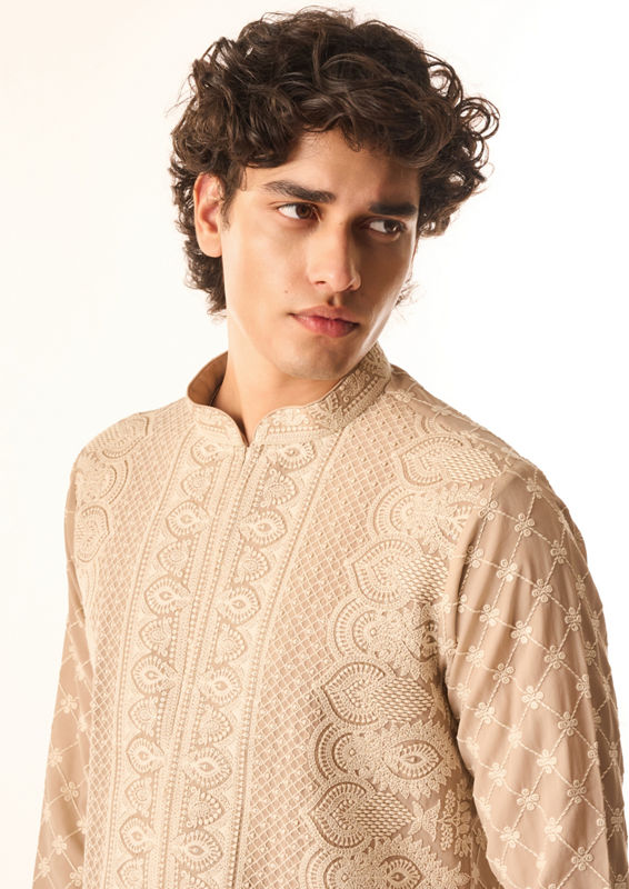 Twamev Men Fawn Georgette Kurta Set with Embroidery