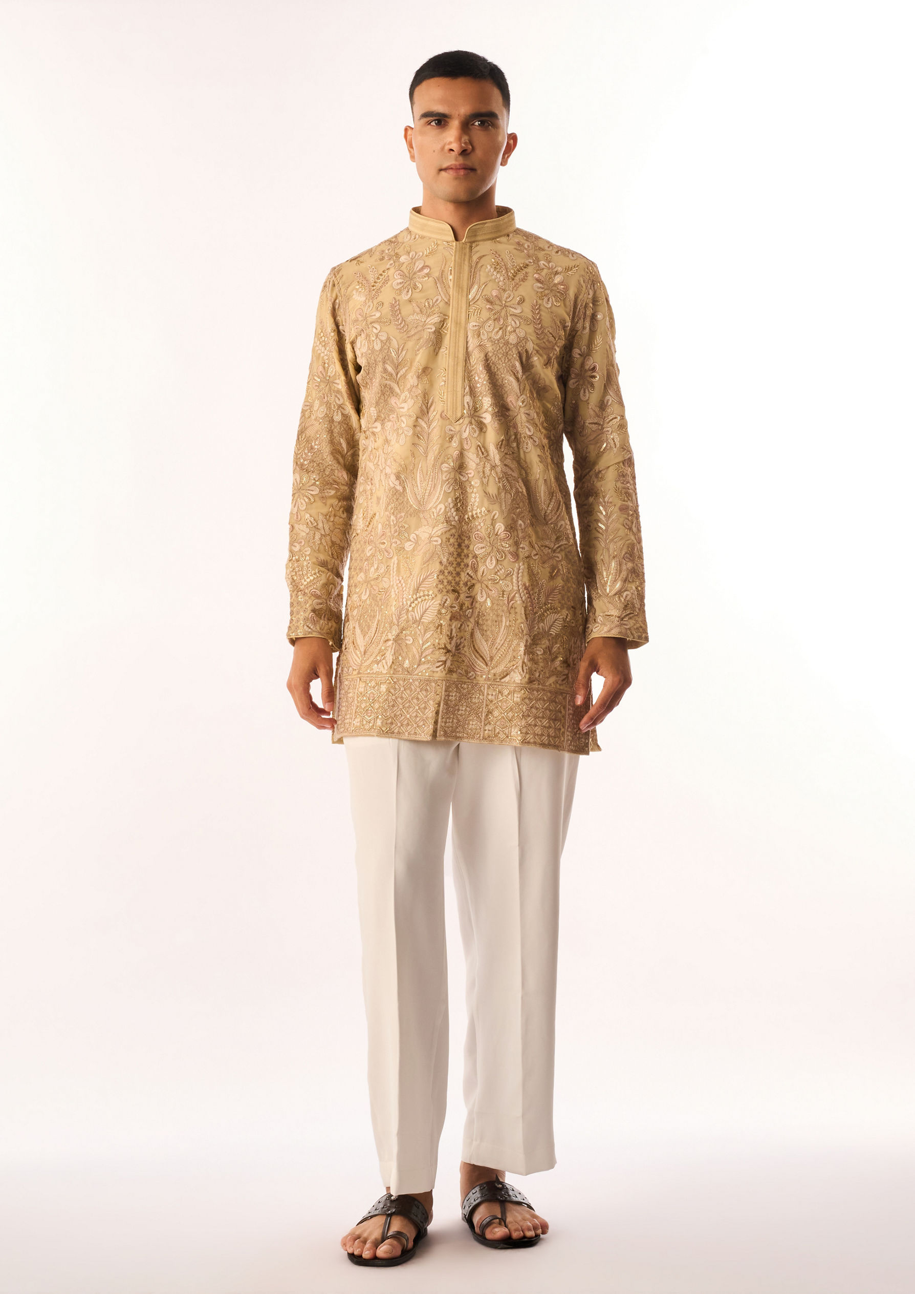 Twamev Men Beige Georgette Kurta Set with Embroidery