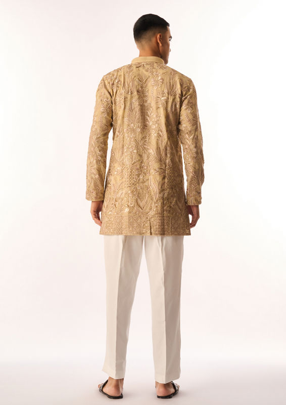 Twamev Men Beige Georgette Kurta Set with Embroidery