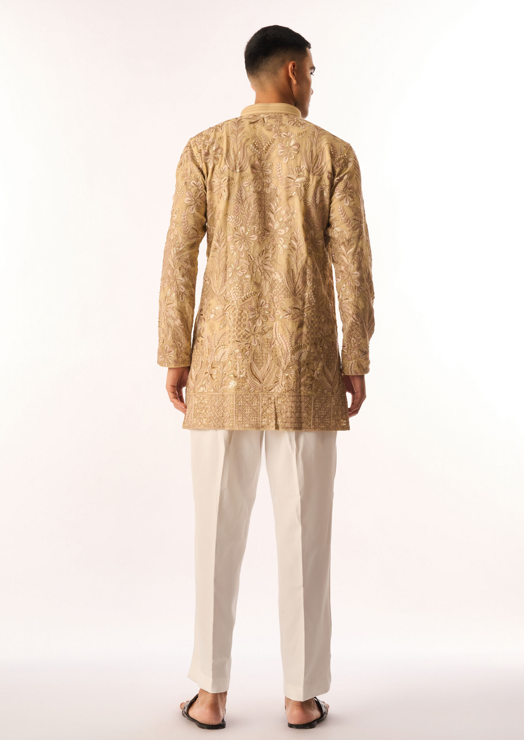 Twamev Men Beige Georgette Kurta Set with Embroidery