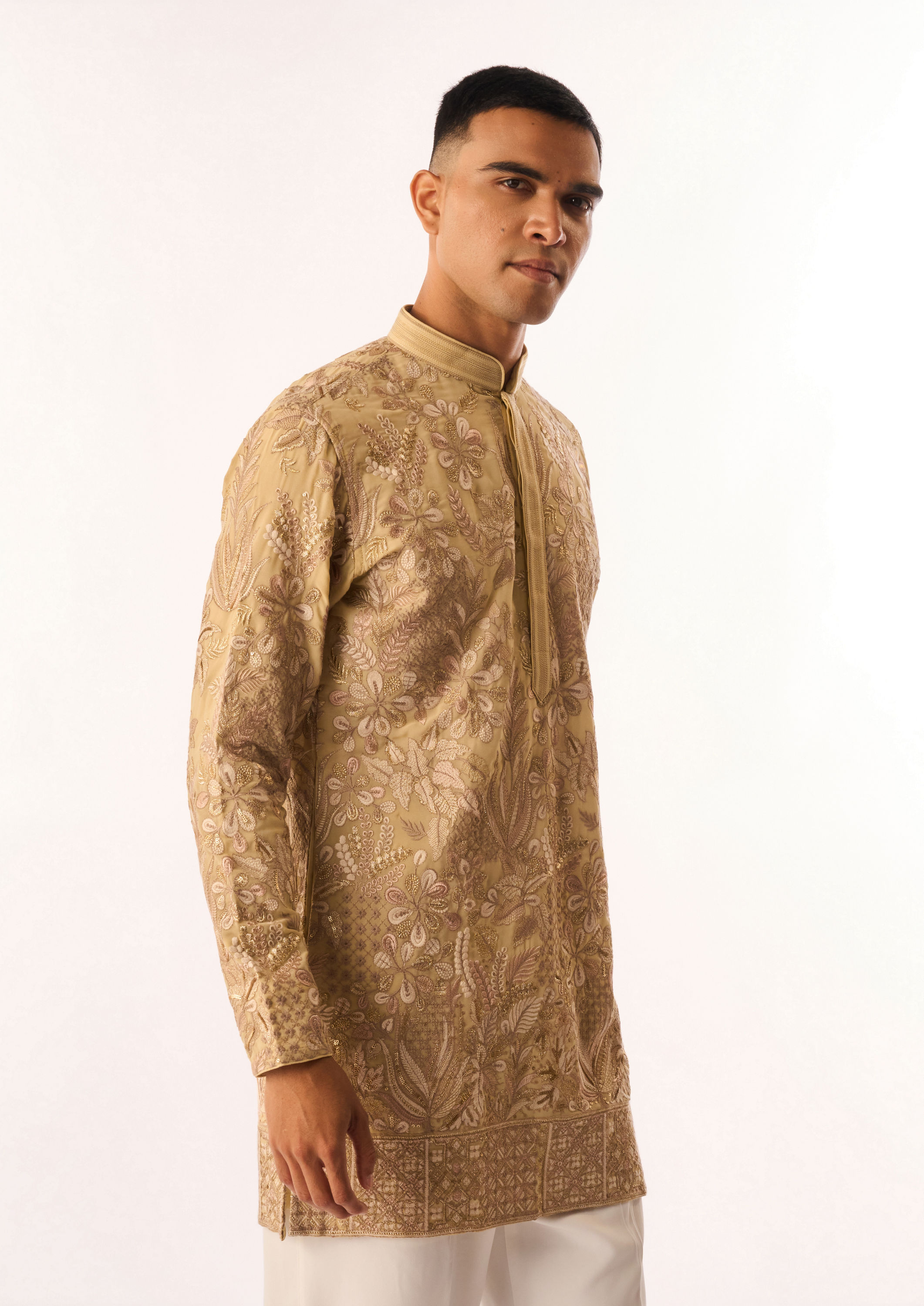 Twamev Men Beige Georgette Kurta Set with Embroidery