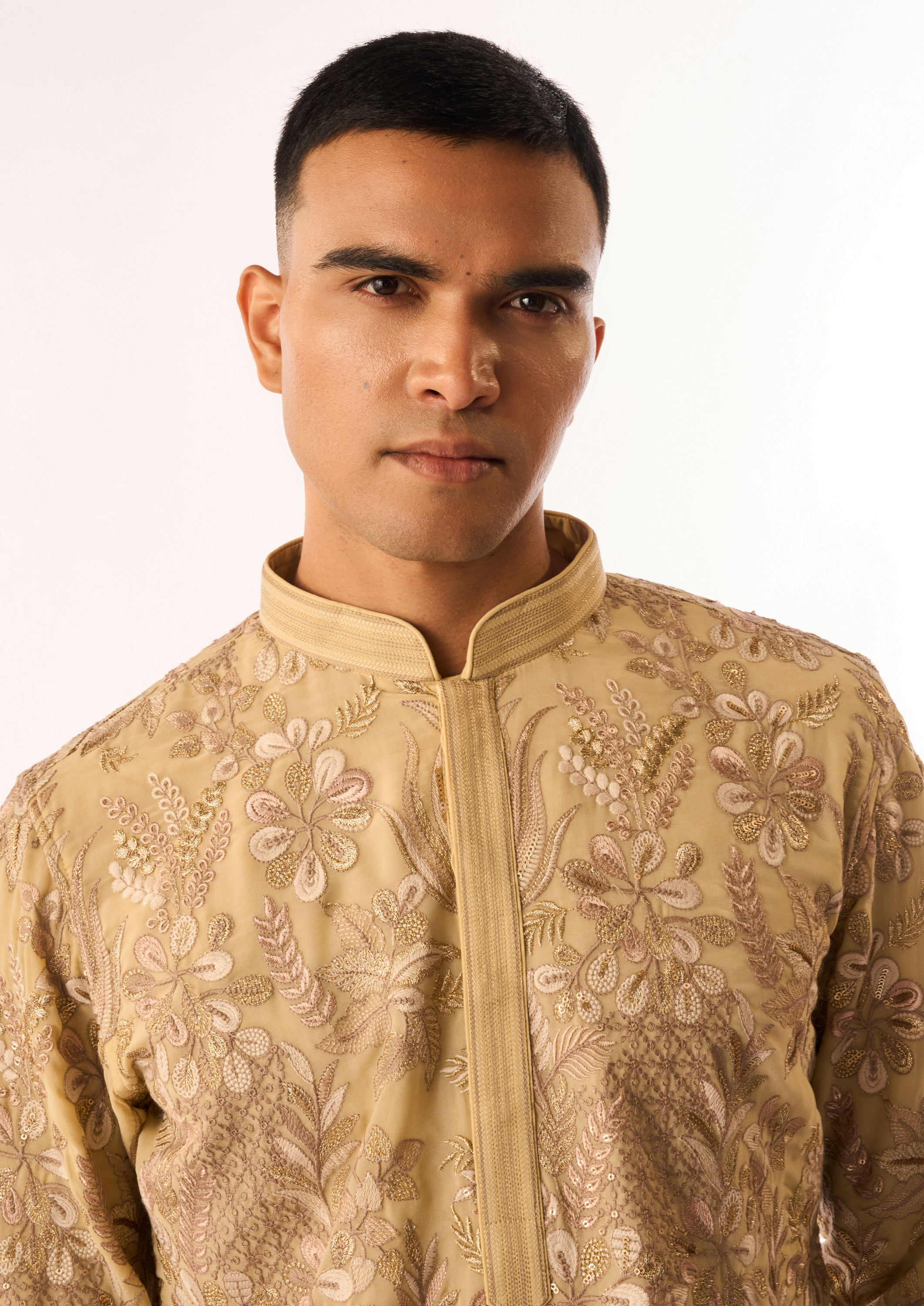 Twamev Men Beige Georgette Kurta Set with Embroidery