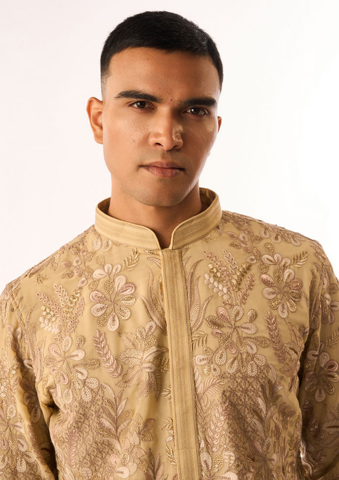 Twamev Men Beige Georgette Kurta Set with Embroidery