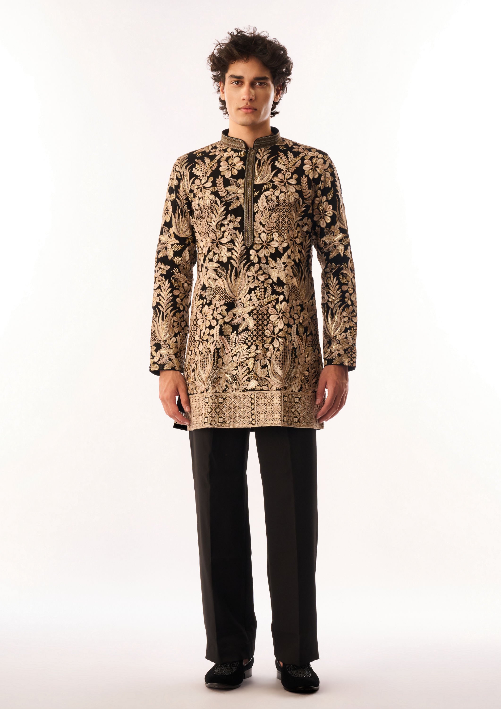 Twamev Men Black Georgette Kurta Set with Embroidery