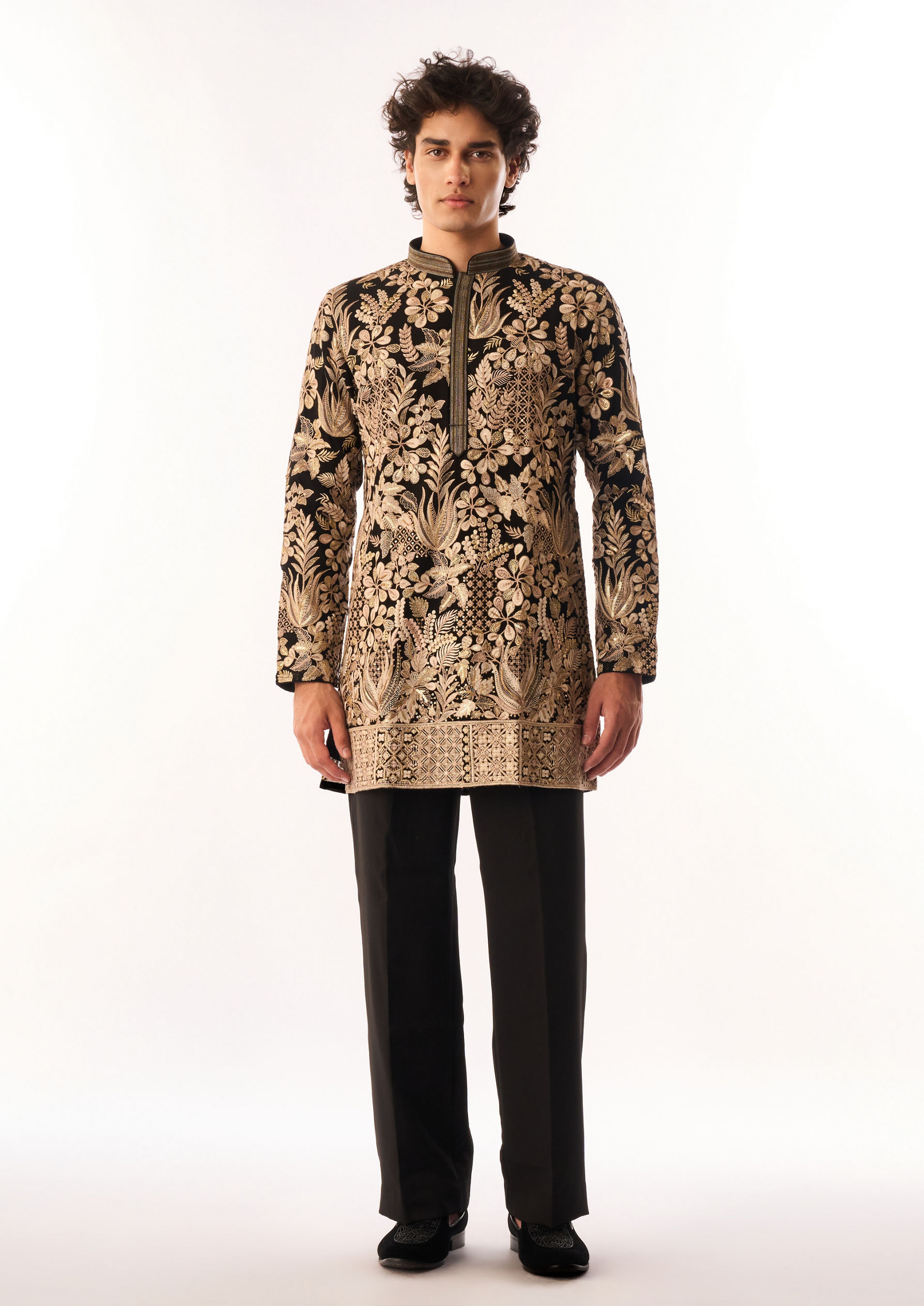 Twamev Men Black Georgette Kurta Set with Embroidery