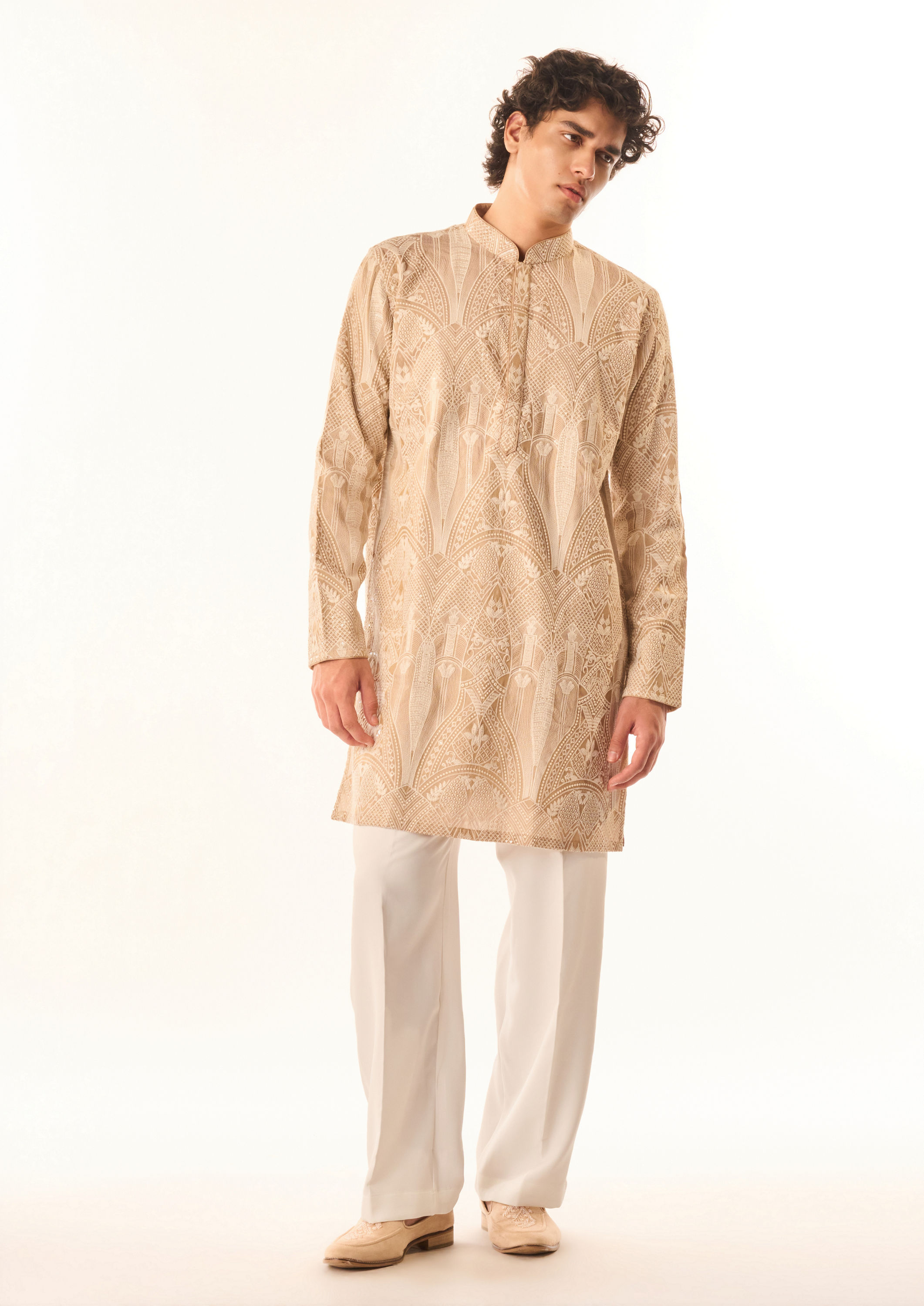 Twamev Men Fawn Tissue Kurta Set with Embroidery