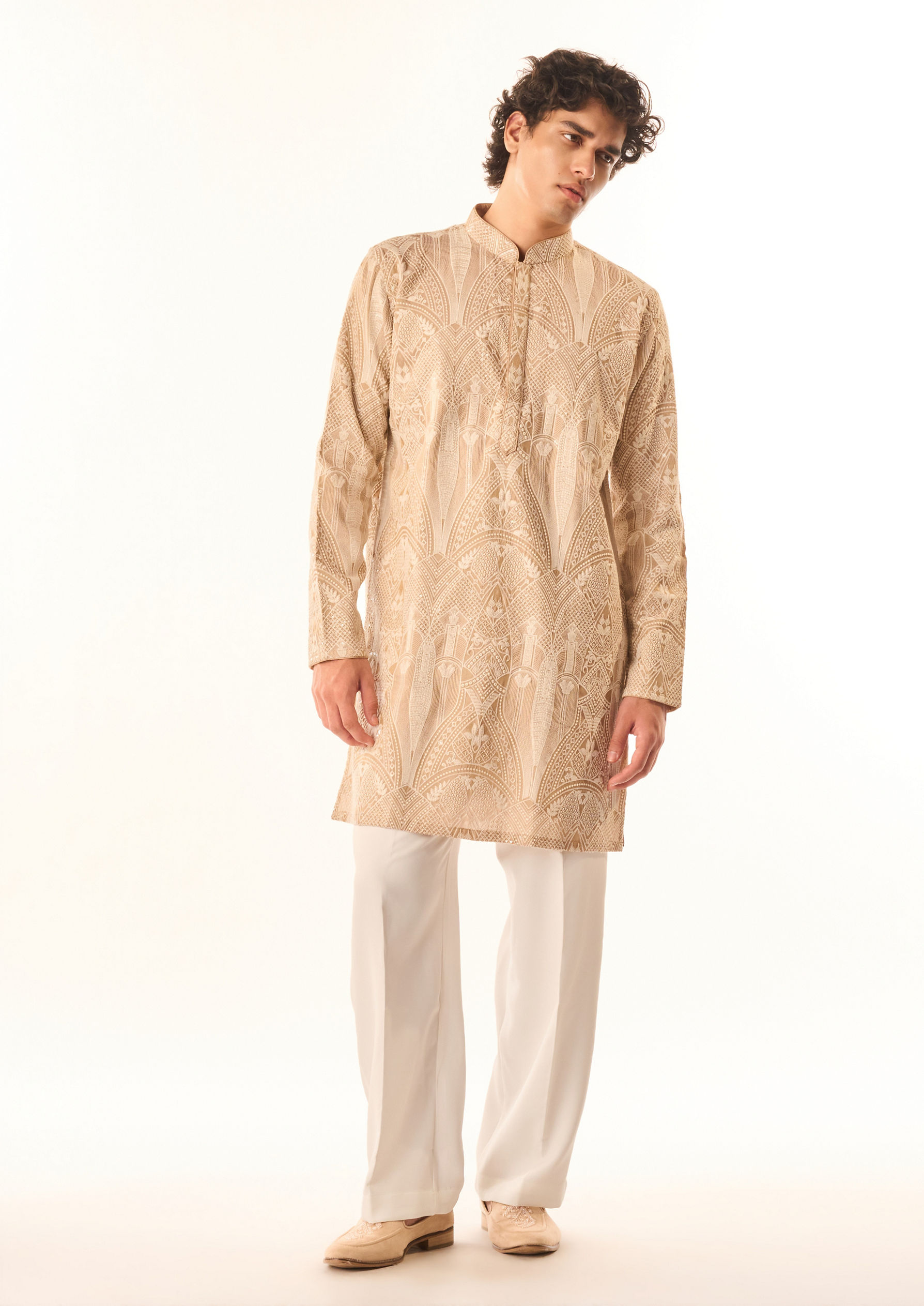 Twamev Men Fawn Tissue Kurta Set with Embroidery