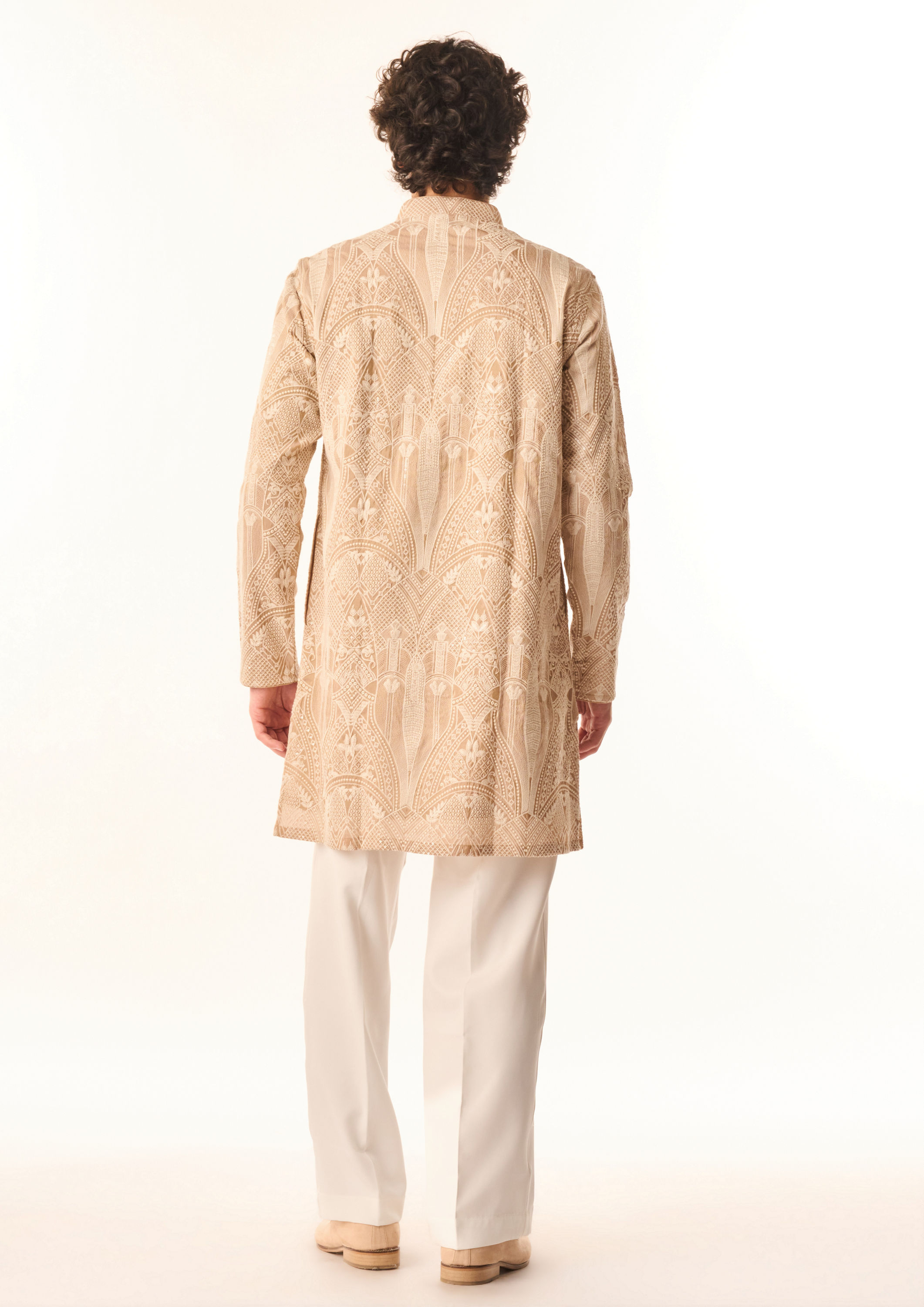 Twamev Men Fawn Tissue Kurta Set with Embroidery