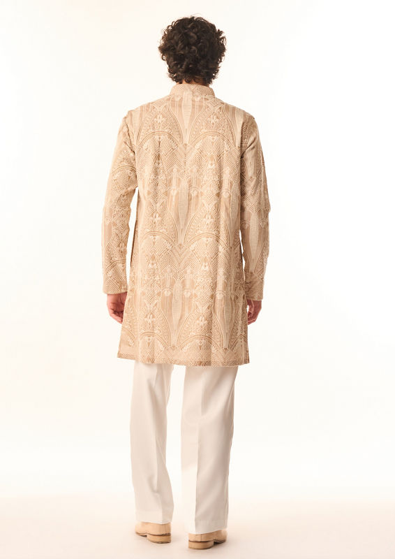 Twamev Men Fawn Tissue Kurta Set with Embroidery