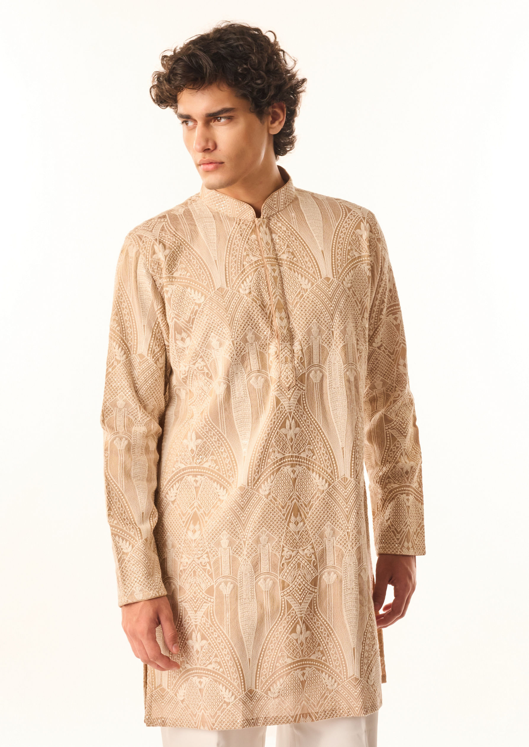 Twamev Men Fawn Tissue Kurta Set with Embroidery