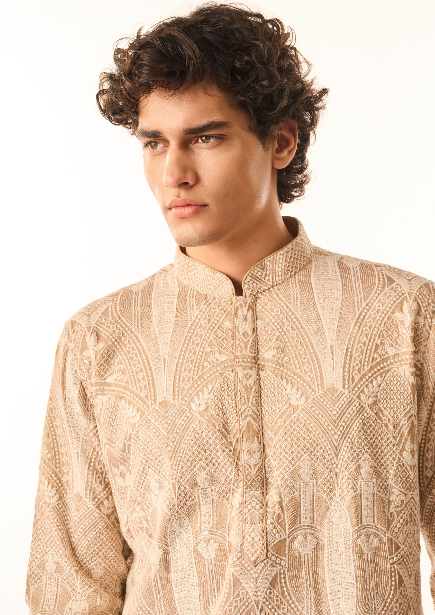 Twamev Men Fawn Tissue Kurta Set with Embroidery