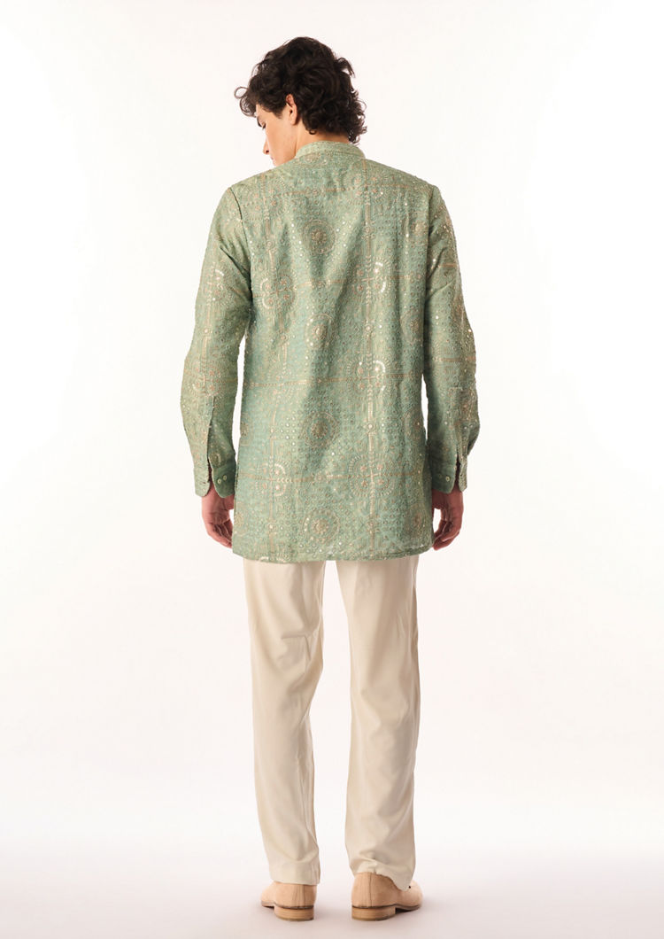 Twamev Men Aqua Green Tissue Kurta Set with Embroidery