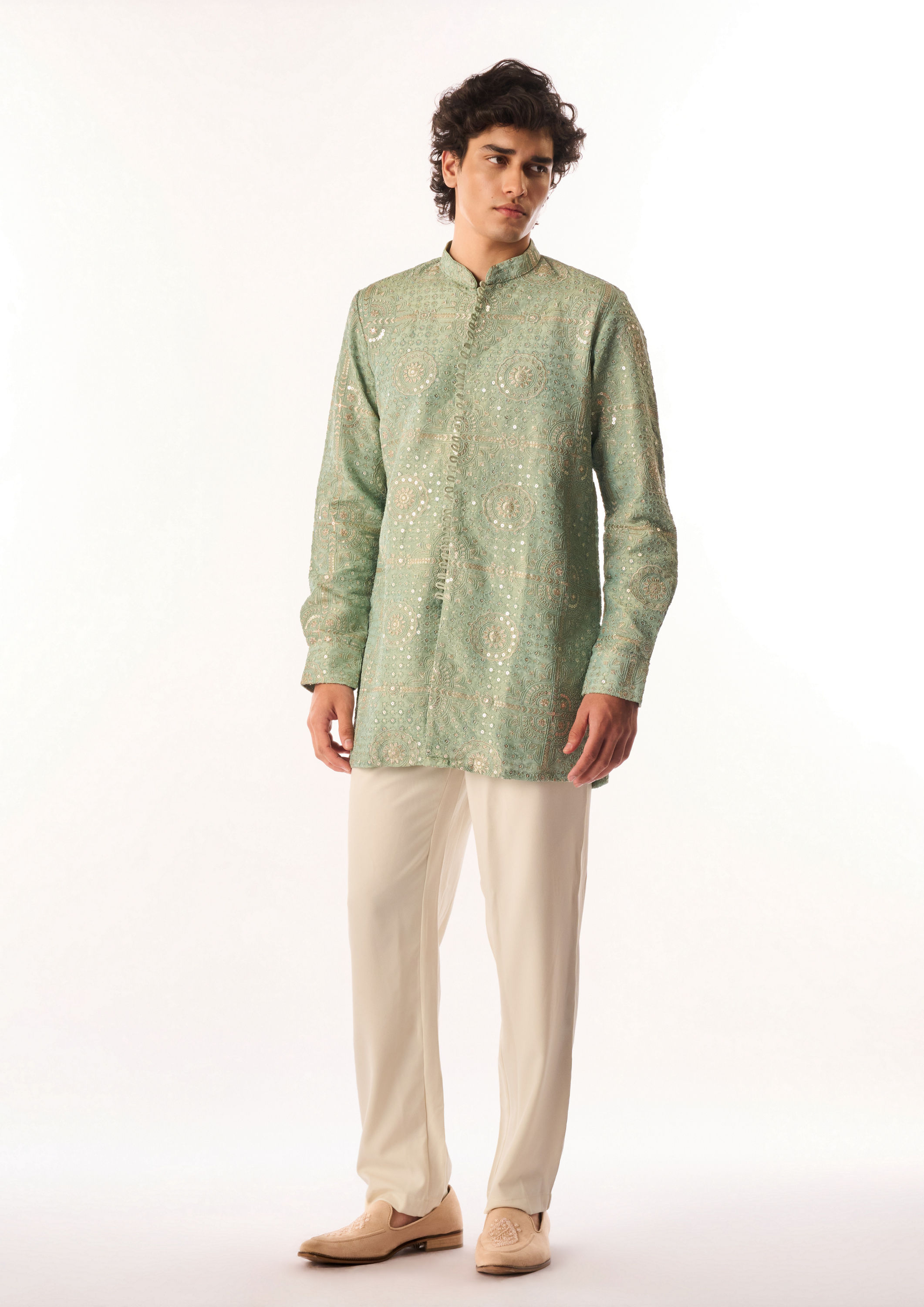 Twamev Men Aqua Green Tissue Kurta Set with Embroidery