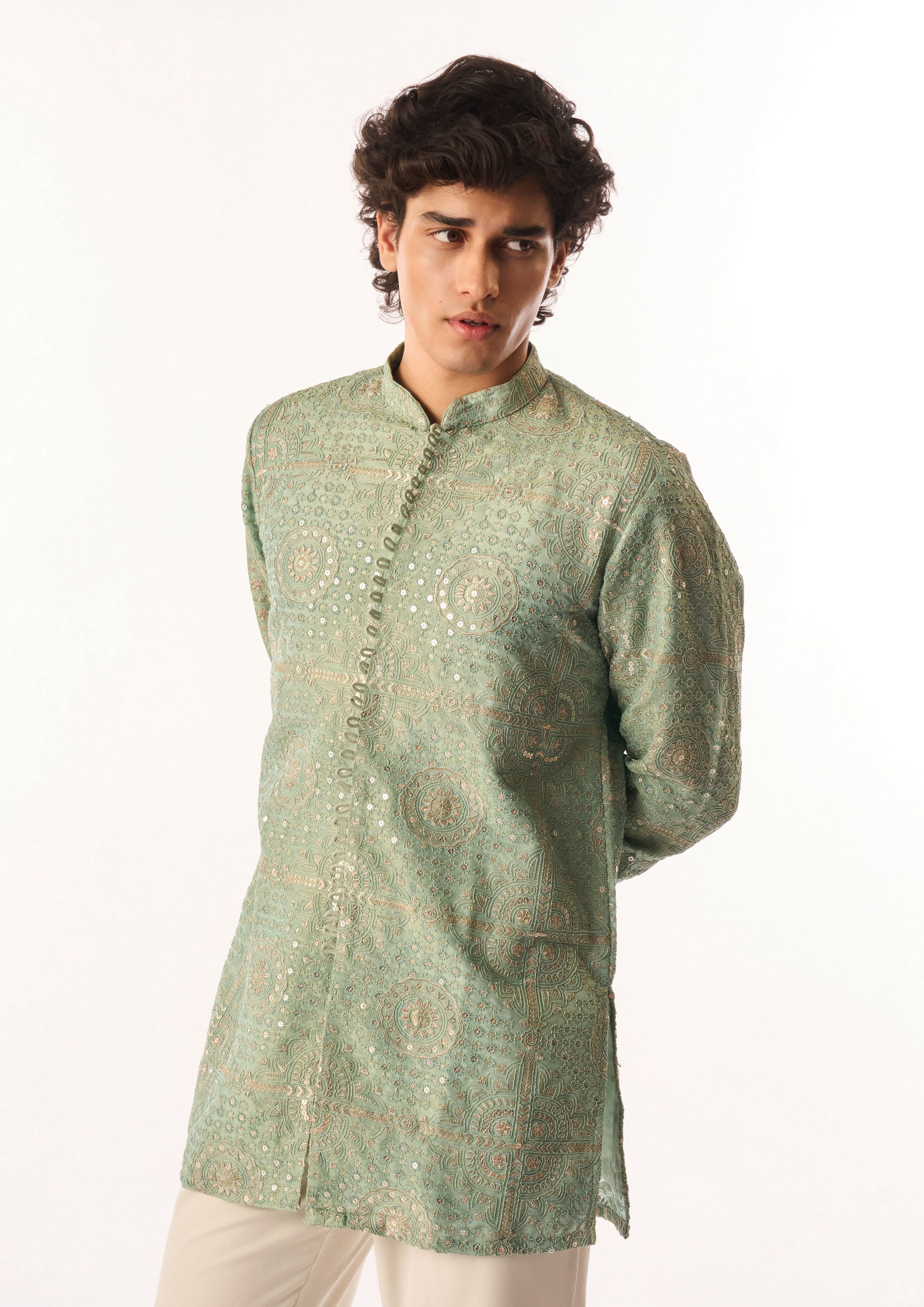 Twamev Men Aqua Green Tissue Kurta Set with Embroidery