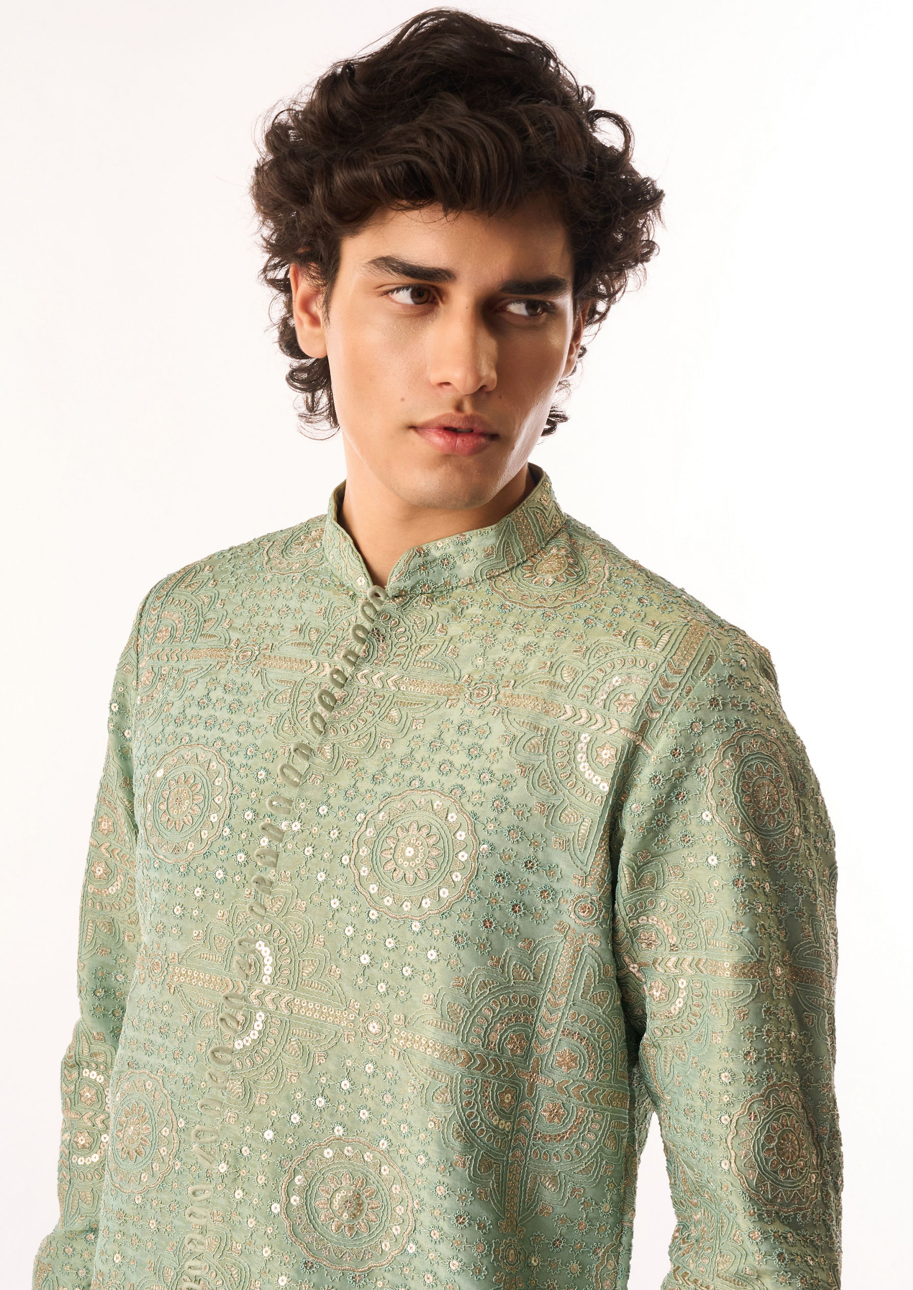 Twamev Men Aqua Green Tissue Kurta Set with Embroidery