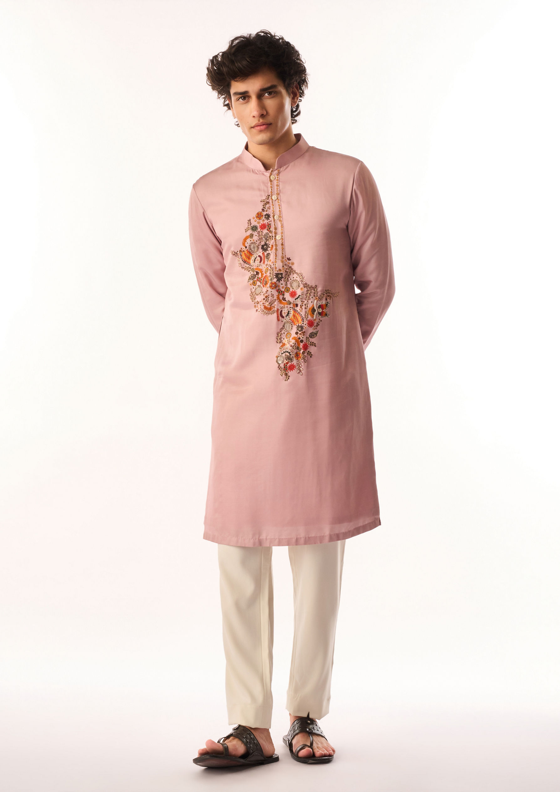 Twamev Men Dusty Pink Satin Kurta Set with Embroidery