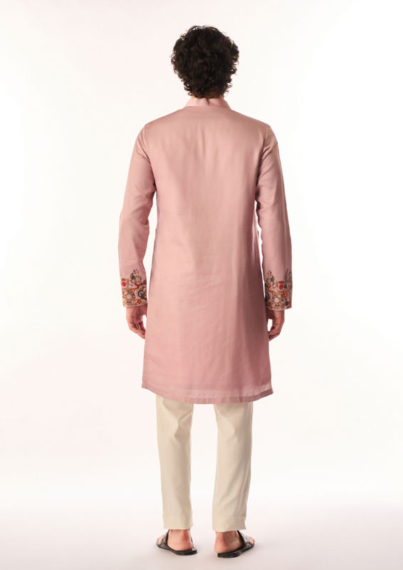Twamev Men Dusty Pink Satin Kurta Set with Embroidery