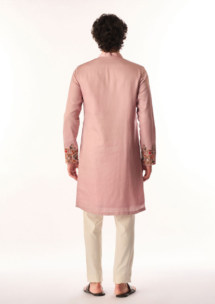 Twamev Men Dusty Pink Satin Kurta Set with Embroidery