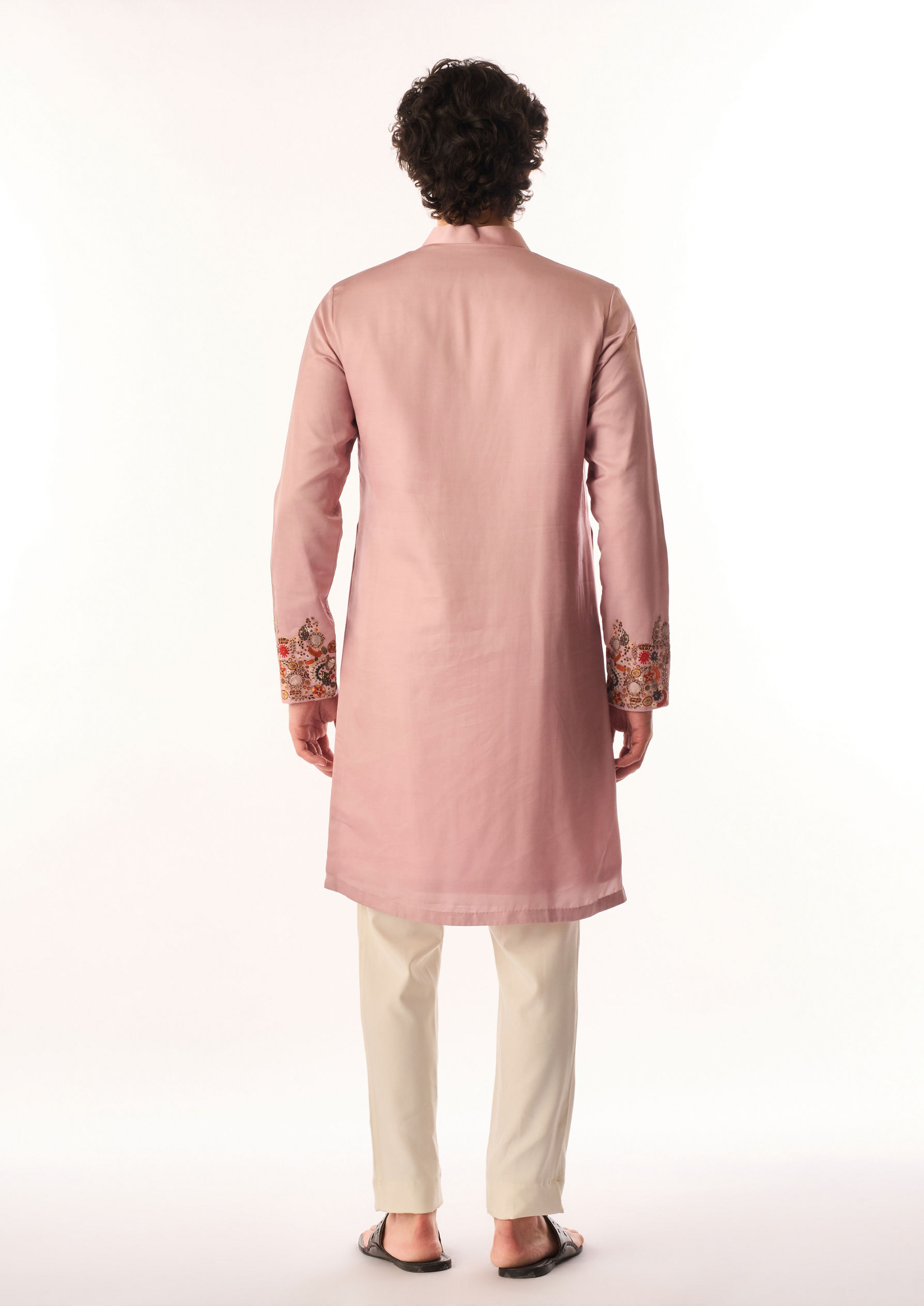 Twamev Men Dusty Pink Satin Kurta Set with Embroidery