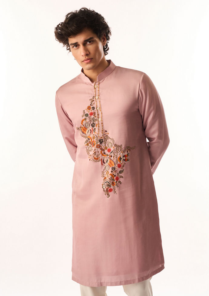 Twamev Men Dusty Pink Satin Kurta Set with Embroidery