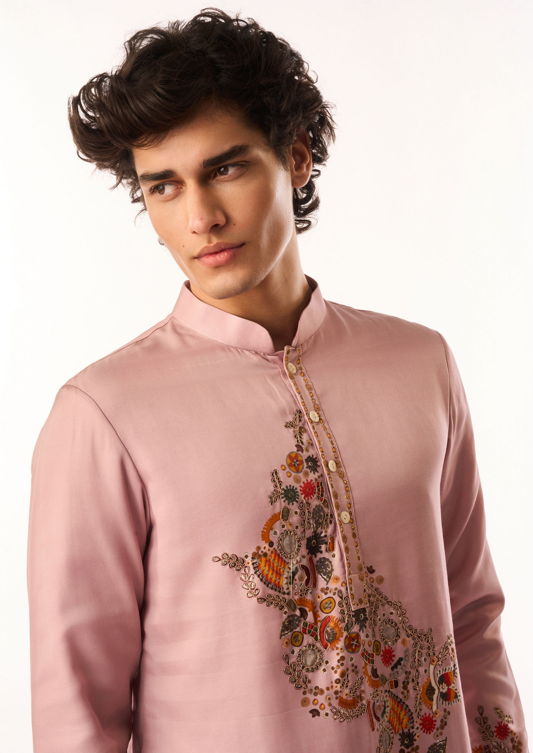 Twamev Men Dusty Pink Satin Kurta Set with Embroidery