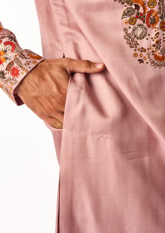 Twamev Men Dusty Pink Satin Kurta Set with Embroidery