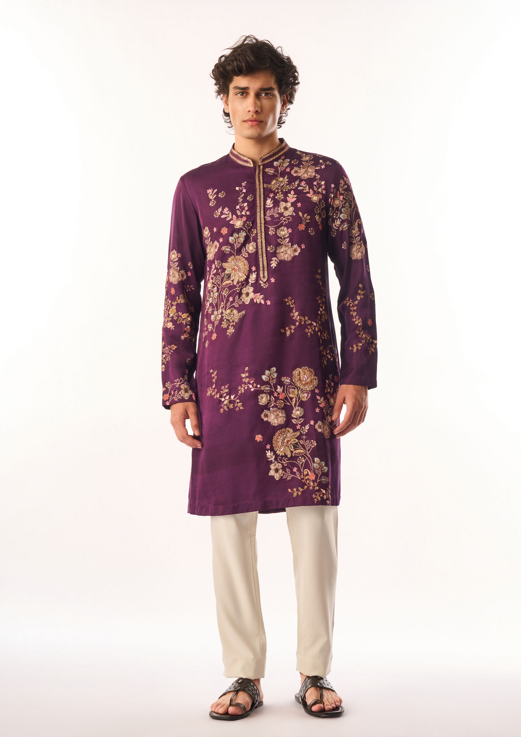 Twamev Men Purple Satin Kurta Set with Embroidery