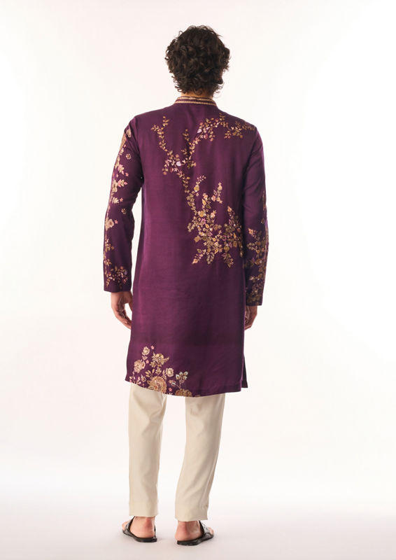 Twamev Men Purple Satin Kurta Set with Embroidery