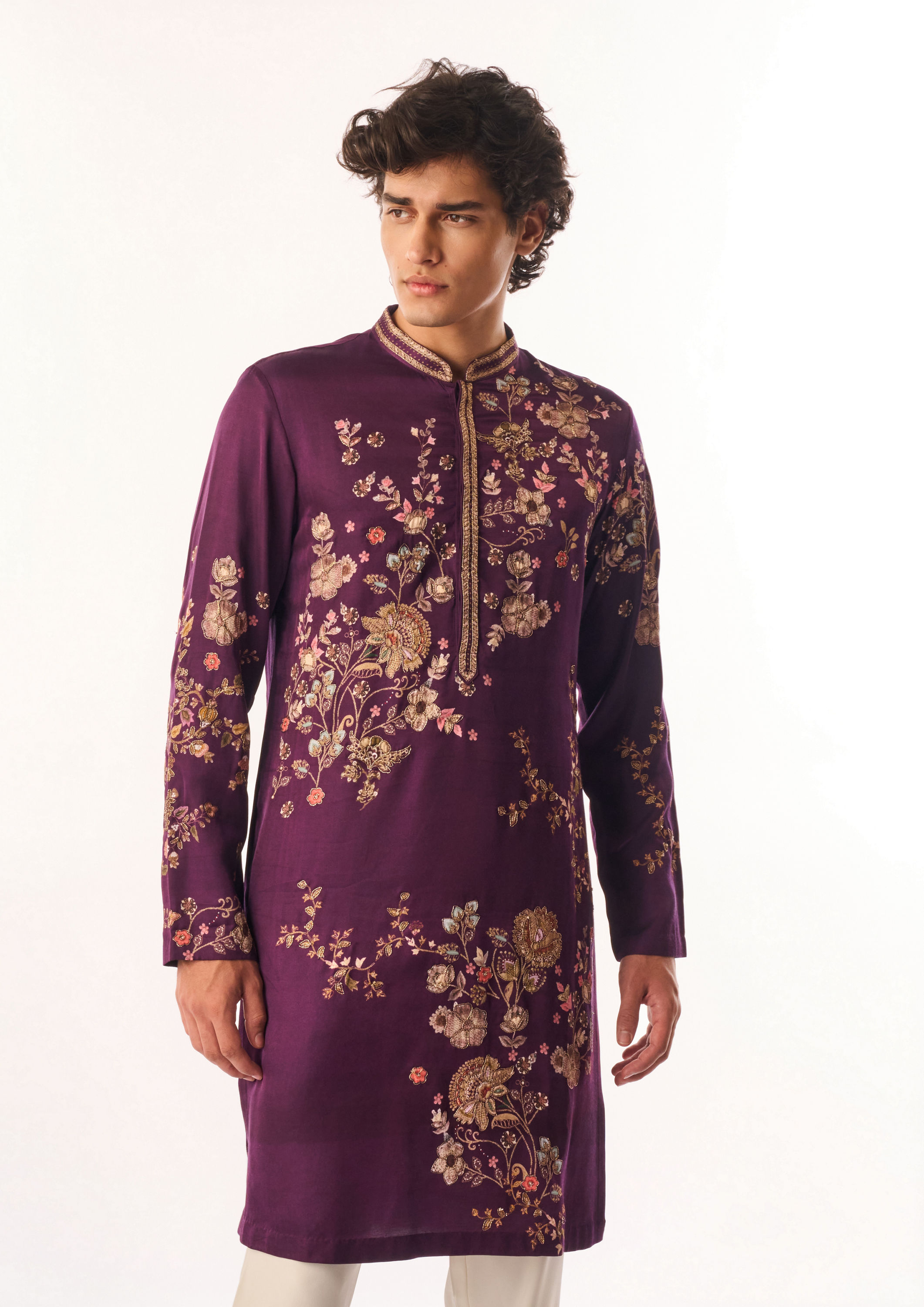 Twamev Men Purple Satin Kurta Set with Embroidery