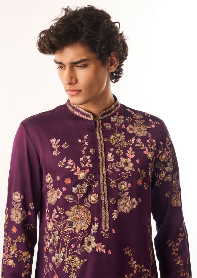 Twamev Men Purple Satin Kurta Set with Embroidery