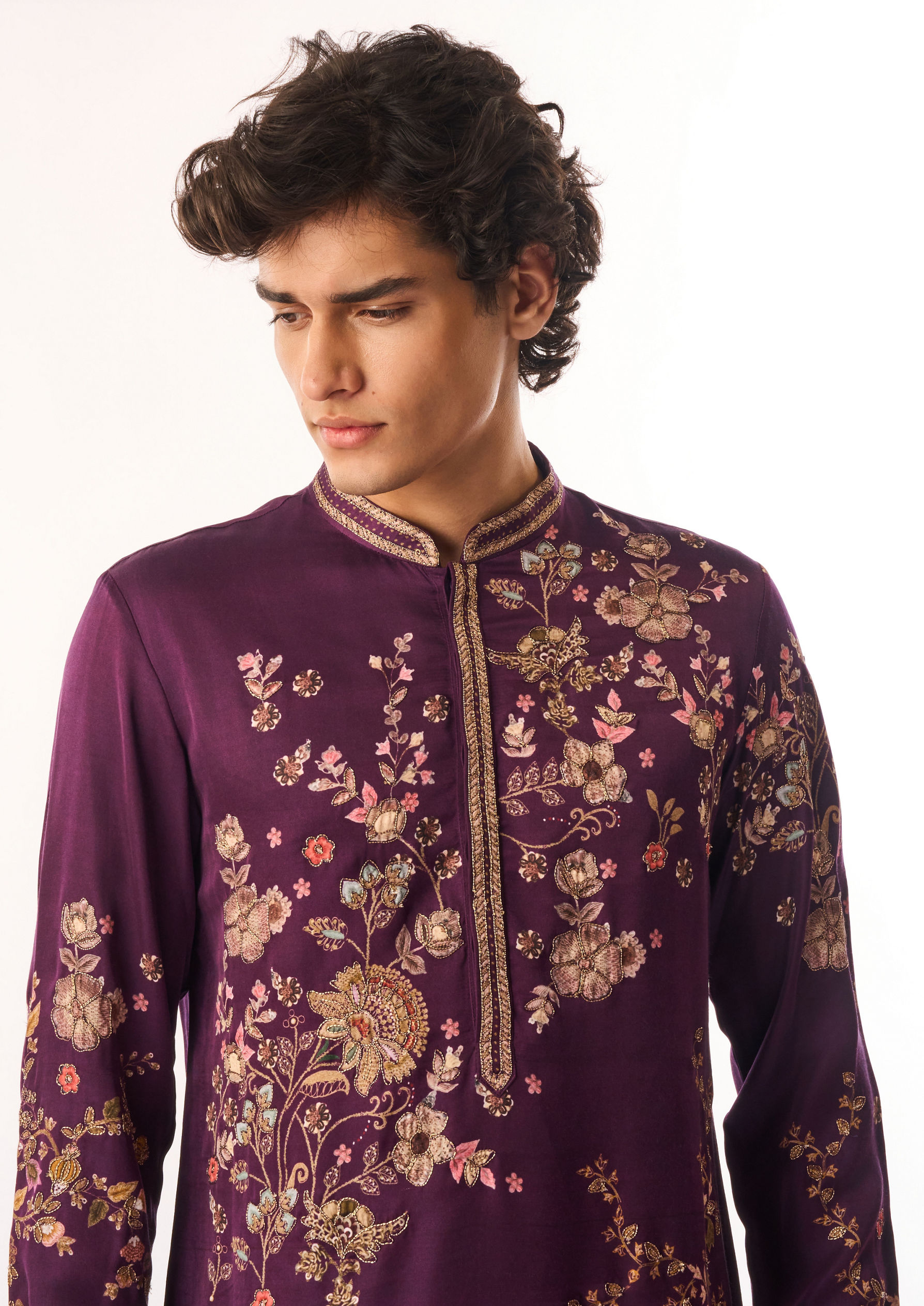 Twamev Men Purple Satin Kurta Set with Embroidery
