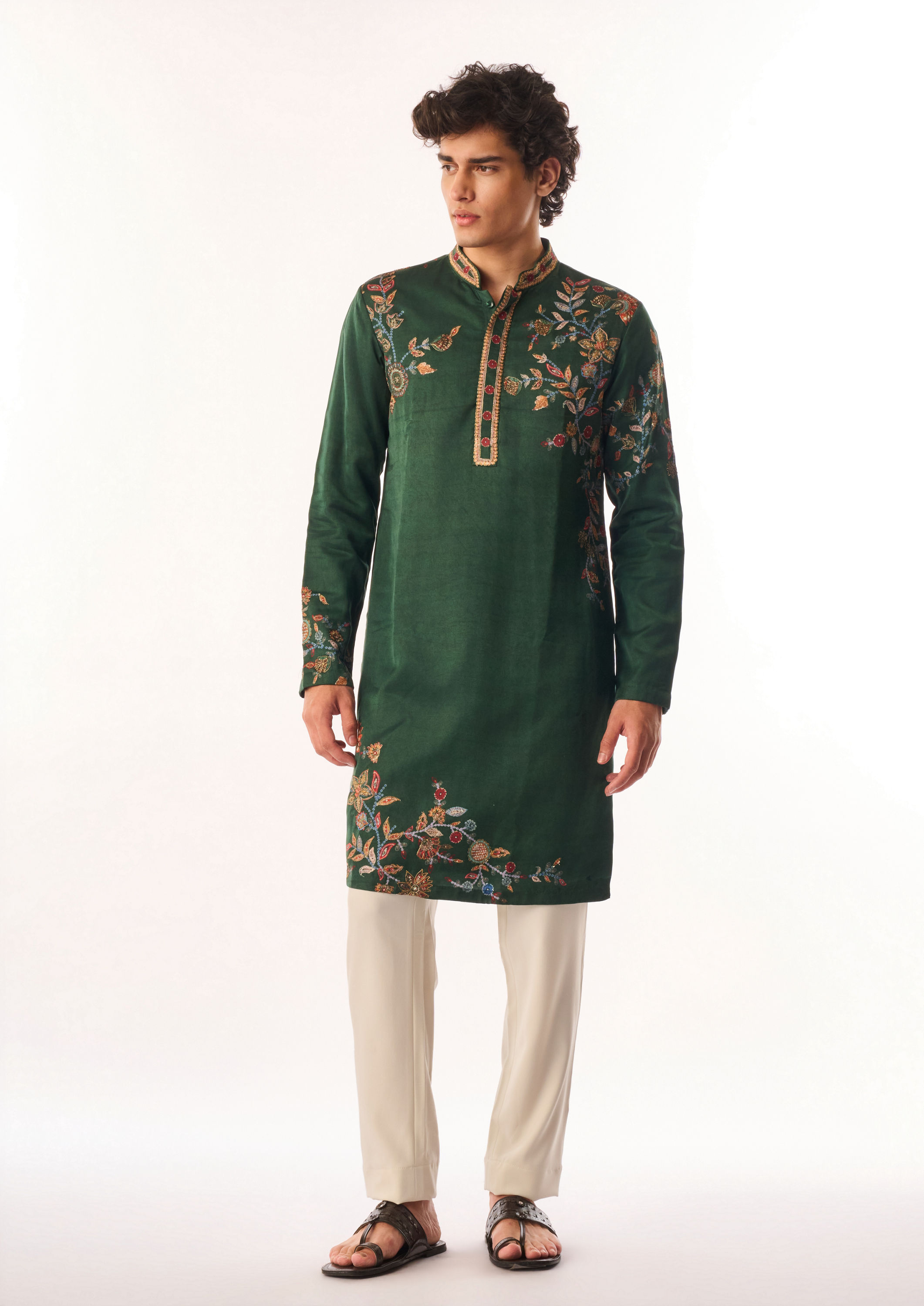Twamev Men Dark Green Satin Kurta Set with Embroidery