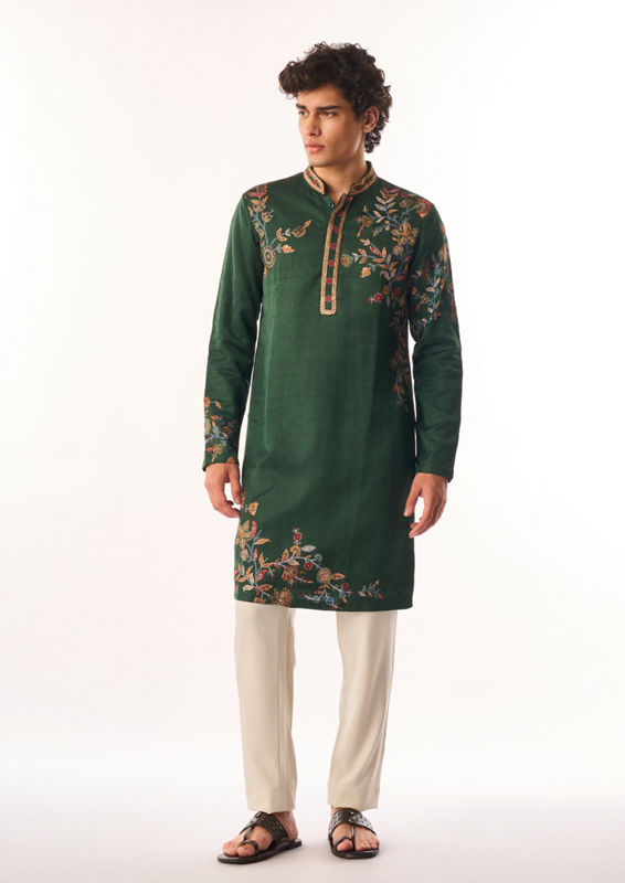 Twamev Men Dark Green Satin Kurta Set with Embroidery