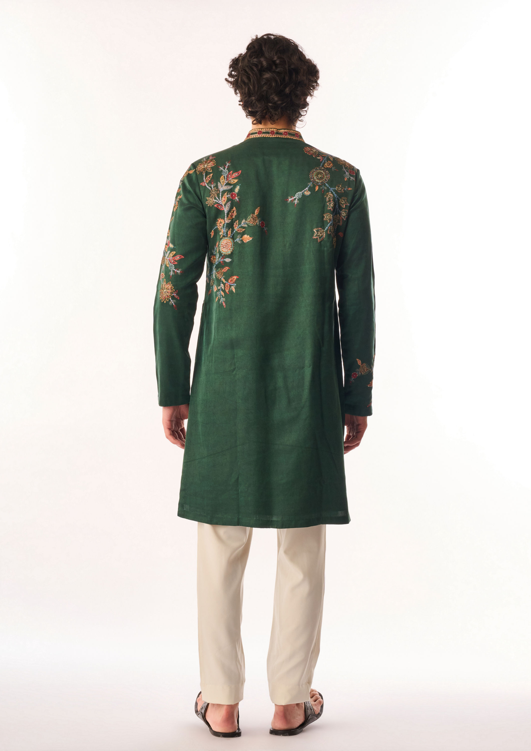 Twamev Men Dark Green Satin Kurta Set with Embroidery